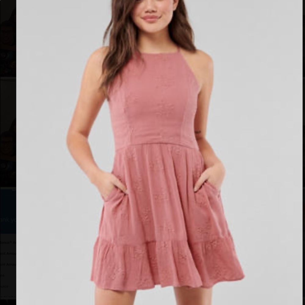 HOLLISTER CORAL LACE High-Neck Tiered Eyelet Dress